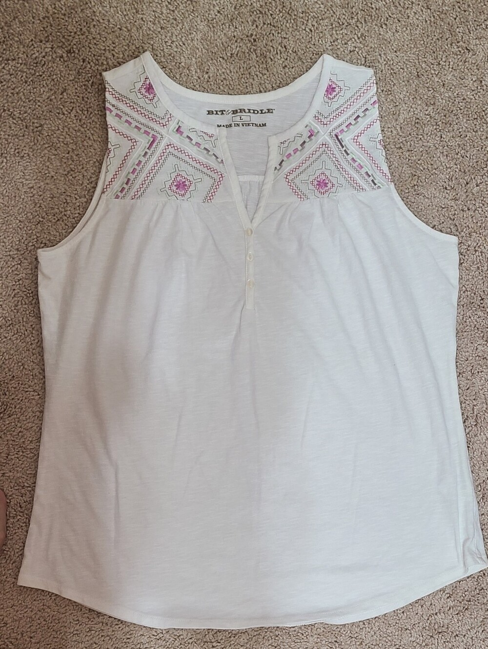 Bit & Bridle White Tank with Pink Embroidered Yoke